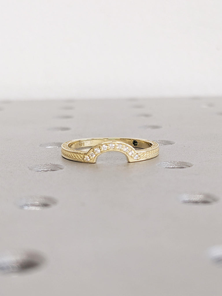 Curved Wedding Band, Solid Gold Wedding Band, Diamond Wedding Band, Hidden Tourmaline Matching Ring, Stackable Rings, Celtic Knot Patterns
