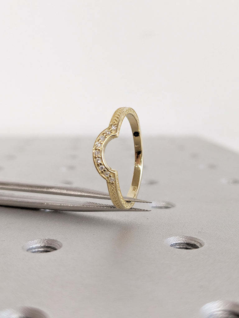 Curved Wedding Band, Solid Gold Wedding Band, Diamond Wedding Band, Hidden Tourmaline Matching Ring, Stackable Rings, Celtic Knot Patterns