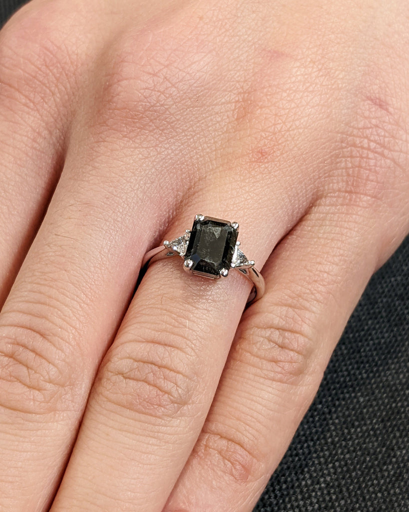 14K Solid White Gold Emerald Cut Salt and Pepper Wedding Band, Unique Trillion White Diamond Engagement Ring