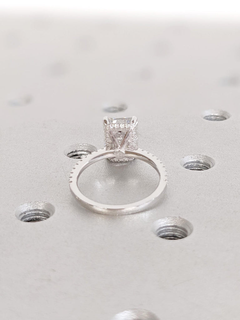 Lab Grown Radiant Cut Engagement Ring: Hidden Halo Solitaire with Eternity Band Style