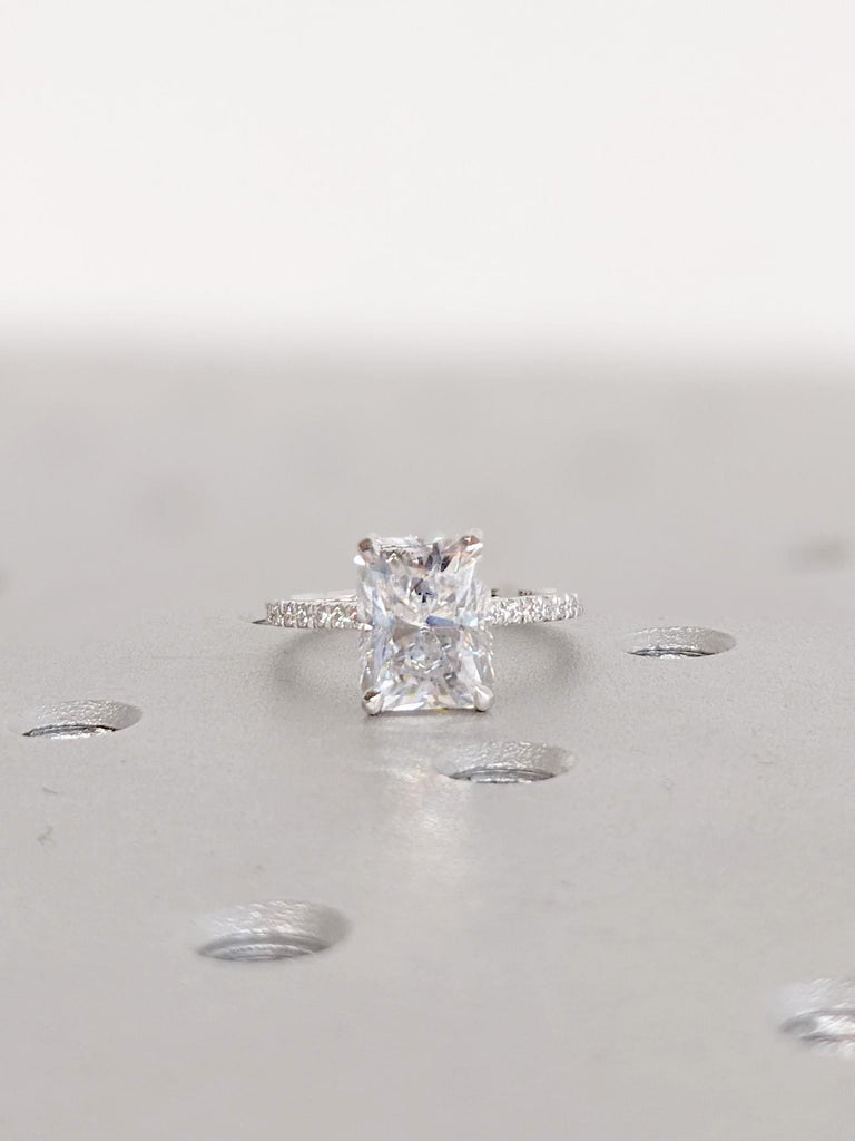14K White Gold Moissanite Engagement Ring | Unique Radiant Cut Wedding Ring | Diamond Accent Hidden Halo Ring | Solitaire Engagement Ring