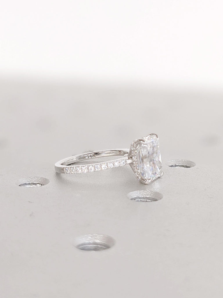14K White Gold Moissanite Engagement Ring | Unique Radiant Cut Wedding Ring | Diamond Accent Hidden Halo Ring | Solitaire Engagement Ring