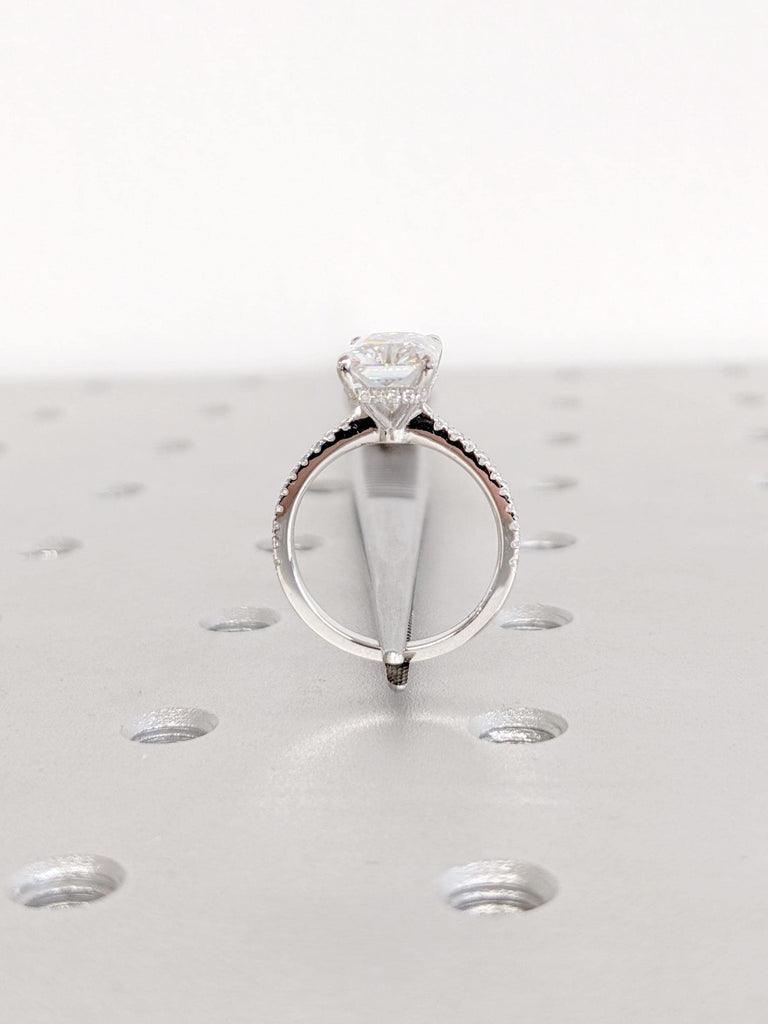 14K White Gold Moissanite Engagement Ring | Unique Radiant Cut Wedding Ring | Diamond Accent Hidden Halo Ring | Solitaire Engagement Ring