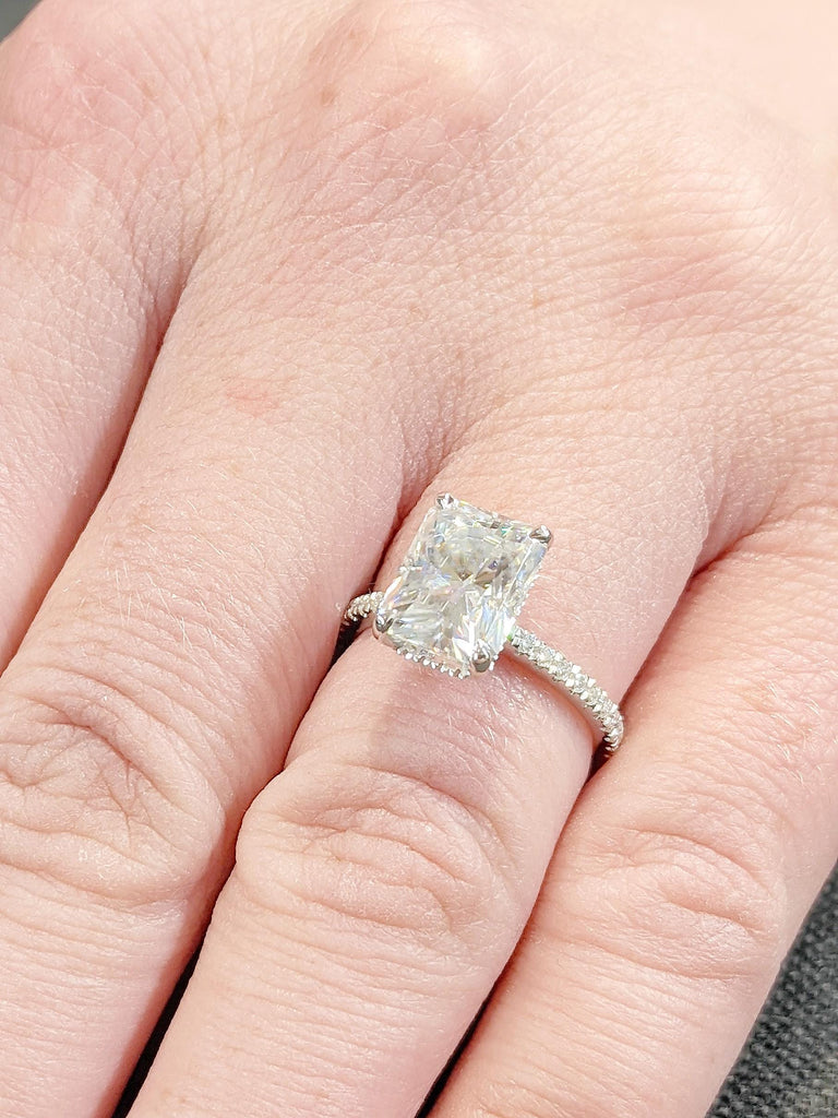 14K White Gold Moissanite Engagement Ring | Unique Radiant Cut Wedding Ring | Diamond Accent Hidden Halo Ring | Solitaire Engagement Ring