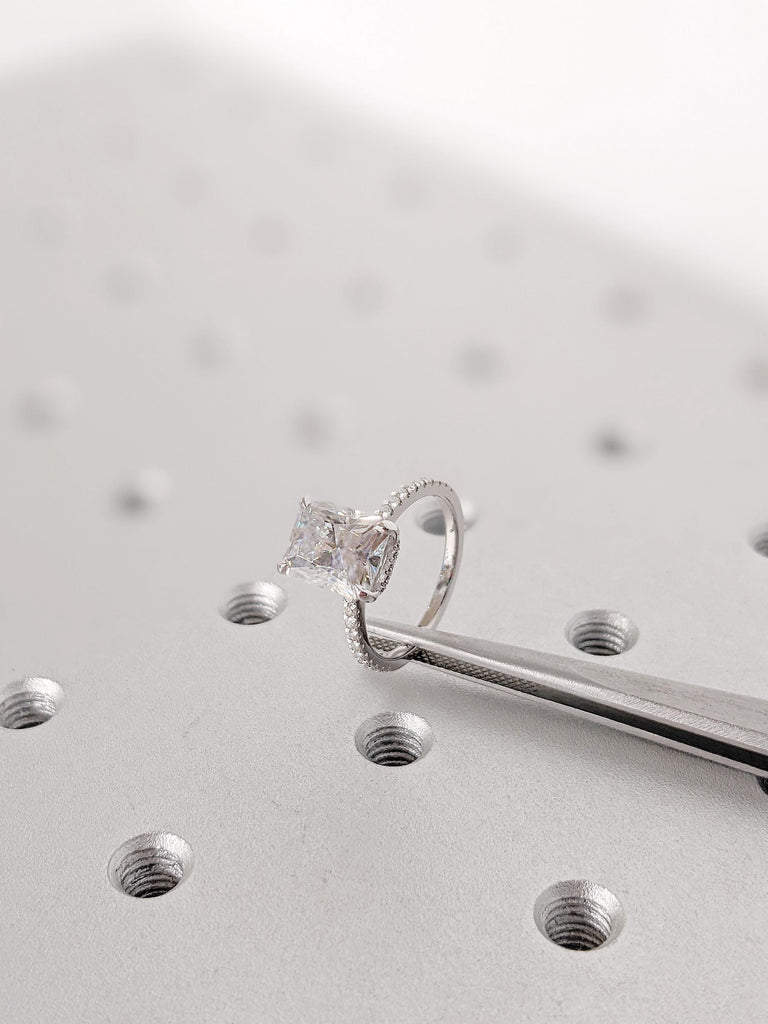 Radiant Cut Moissanite Engagement Ring: Diamond Accent Hidden Halo Solitaire