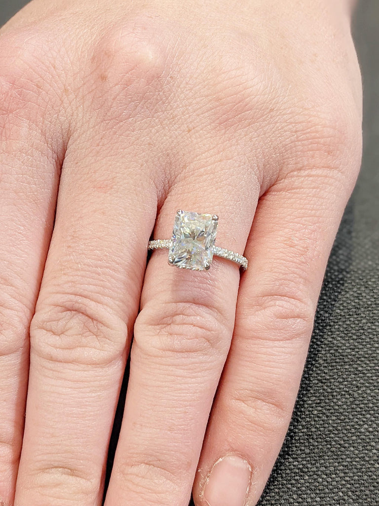 14K White Gold Moissanite Engagement Ring | Unique Radiant Cut Wedding Ring | Diamond Accent Hidden Halo Ring | Solitaire Engagement Ring