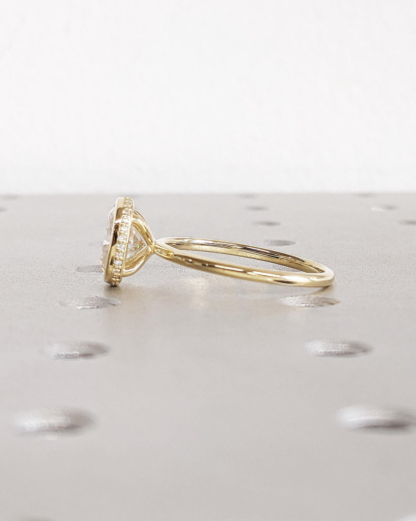 Excellent Cushion Cut Moissanite Ring, Bezel Setting Solitaire Ring, 14K Yellow Gold Wedding Bezel Ring, Hidden Halo Engagement Ring For Her