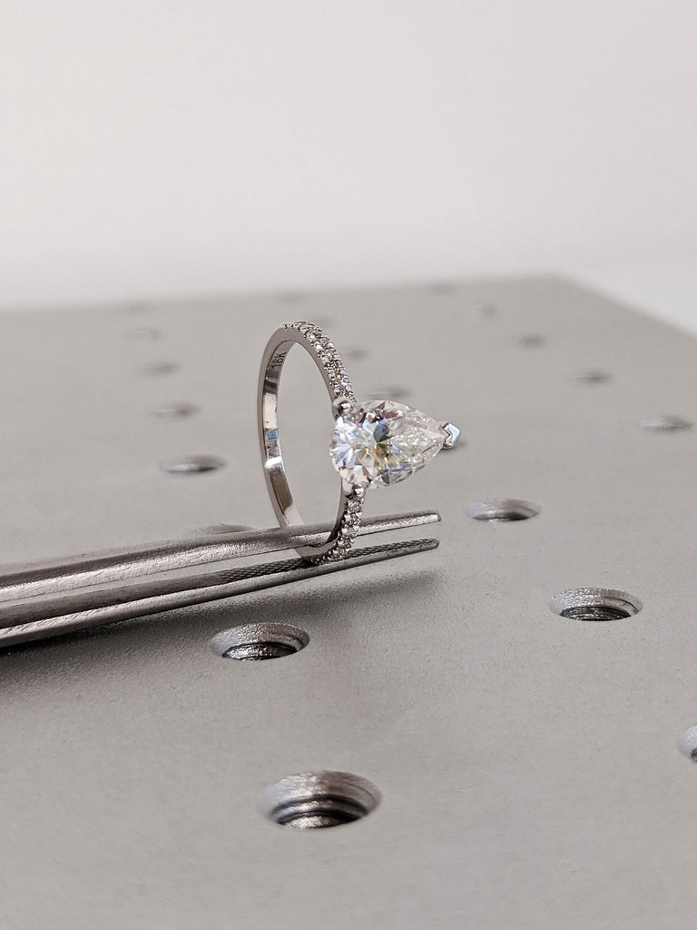 18K White Gold Pear Cut Moissanite Engagement Ring, Dainty White Diamond Pavé Band, Custom Bridal Ring, Wedding Anniversary Gift For Her