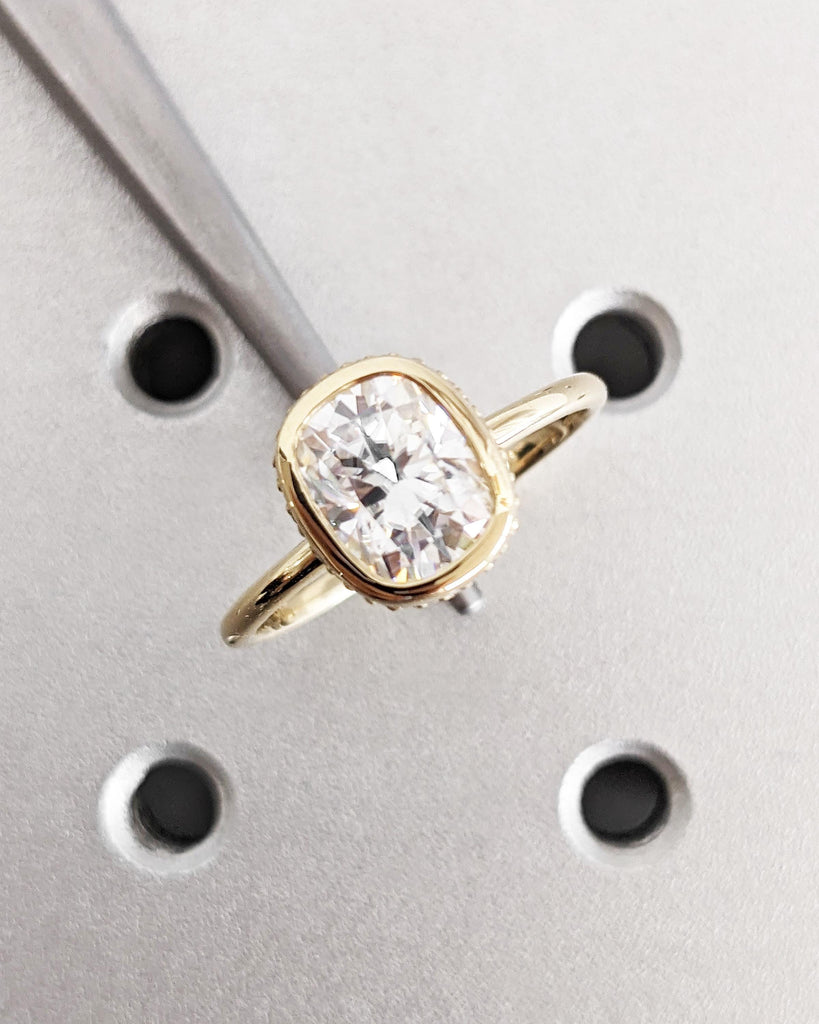 Excellent Cushion Cut Moissanite Ring, Bezel Setting Solitaire Ring, 14K Yellow Gold Wedding Bezel Ring, Hidden Halo Engagement Ring For Her