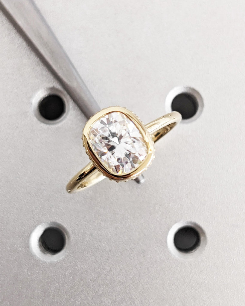 Cushion Cut Moissanite Wedding Ring with Hidden Halo, Bezel Set Engagement Ring, Dainty Art Deco Solitaire Ring, 14K Yellow Gold