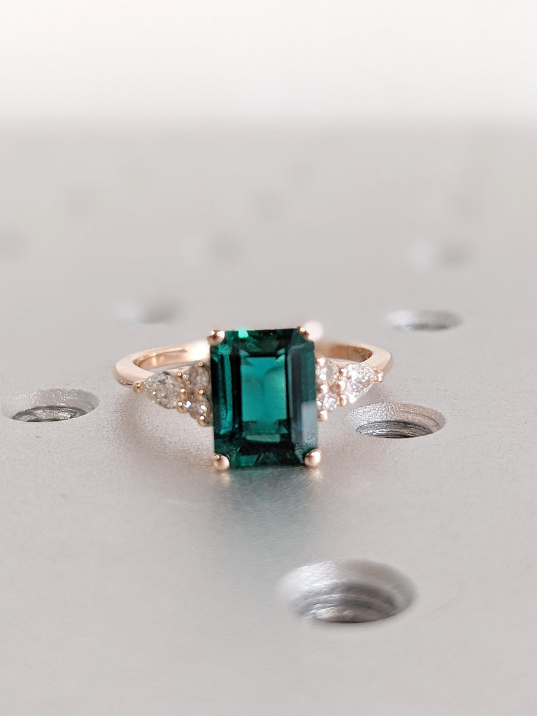 Lab Grown Emerald Engagement Ring, Vintage Emerald Cut Emerald Wedding Ring, 14K Rose Gold Art Deco Ring, Elegant Diamond Accent Ring Design