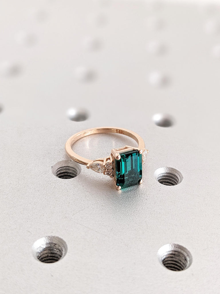 Lab Grown Emerald Engagement Ring, Vintage Emerald Cut Emerald Wedding Ring, 14K Rose Gold Art Deco Ring, Elegant Diamond Accent Ring Design