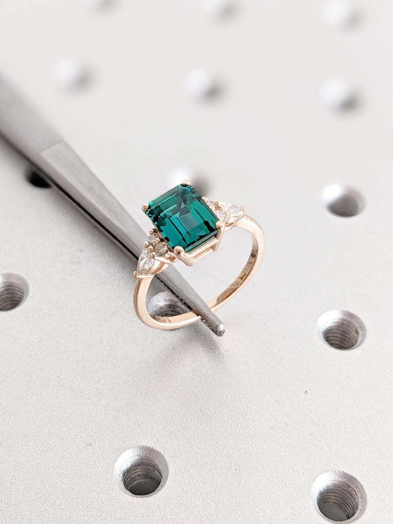 Lab Grown Emerald Engagement Ring, Vintage Emerald Cut Emerald Wedding Ring, 14K Rose Gold Art Deco Ring, Elegant Diamond Accent Ring Design