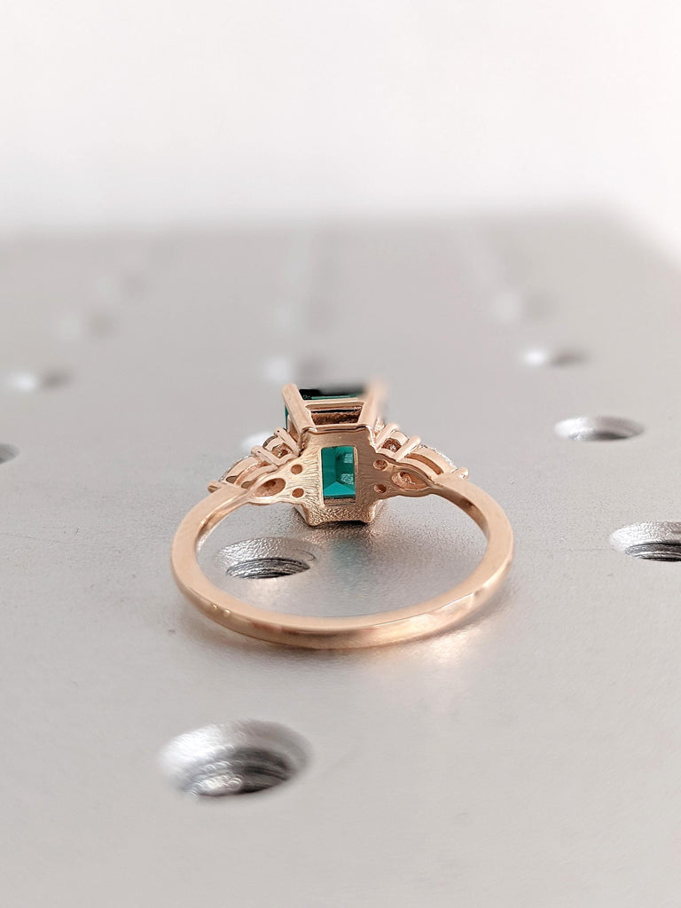 Lab Grown Emerald Engagement Ring, Vintage Emerald Cut Emerald Wedding Ring, 14K Rose Gold Art Deco Ring, Elegant Diamond Accent Ring Design