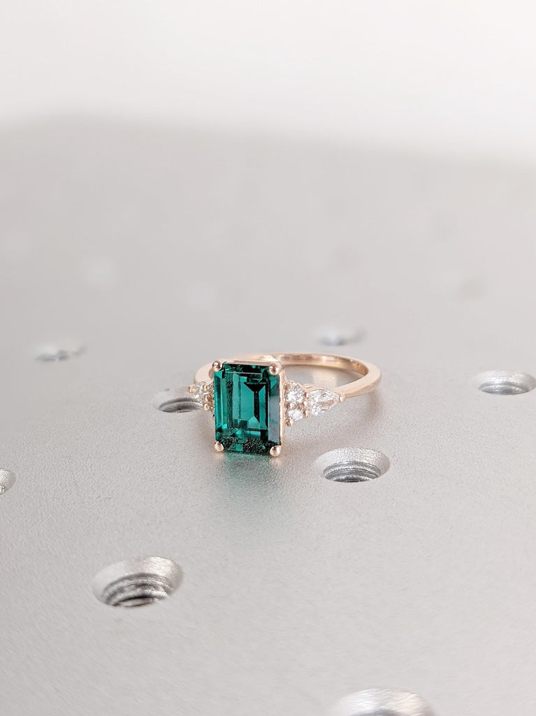 Lab Grown Emerald Engagement Ring, Vintage Emerald Cut Emerald Wedding Ring, 14K Rose Gold Art Deco Ring, Elegant Diamond Accent Ring Design