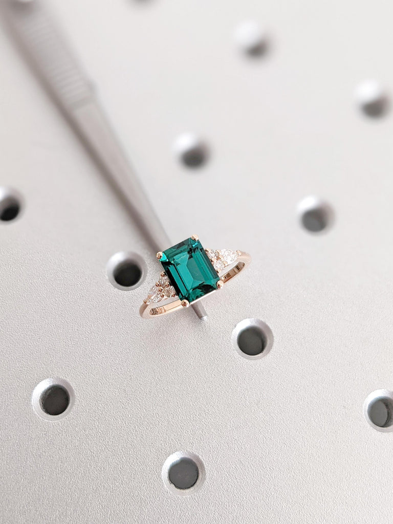 Lab Grown Emerald Engagement Ring, Vintage Emerald Cut Emerald Wedding Ring, 14K Rose Gold Art Deco Ring, Elegant Diamond Accent Ring Design