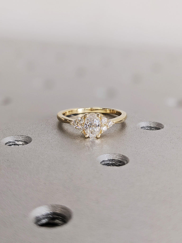 14K Solid Yellow Gold Moissanite Bridal Engagement Ring, Vintage Oval Cut Moissanite, Round Diamond Clusters Wedding Band, Gold Ring For Her