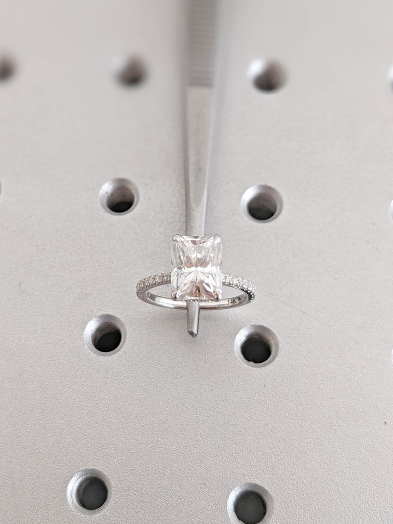 Lab Grown Radiant Cut Engagement Ring: Hidden Halo Solitaire with Eternity Band Style