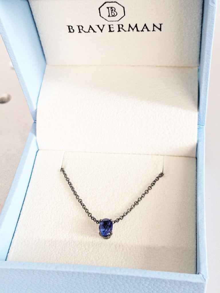14K Solid Black Gold Violet Blue Tanzanite Necklace, Oval Cut Tanzanite Capricorn Blue Pendant, Unique Wedding Jewelry, Anniversary Gift
