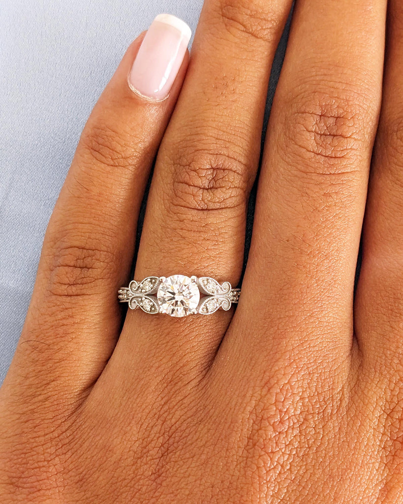 Gold Butterfly Engagement Ring: Nature Inspired Ring with Round cut Lab Grown Diamond, Vintage Milgrain Wedding Ring, Solid 14k White Gold