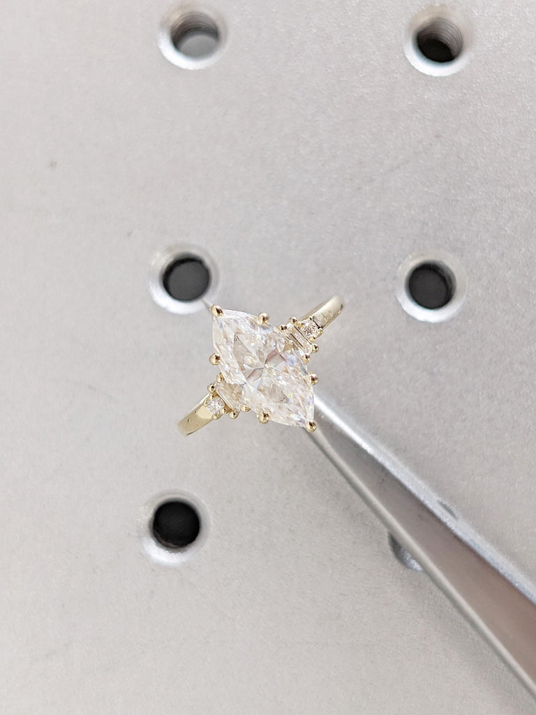 Marquise Cut Moissanite Engagement Ring | 14K Yellow Gold Baguette Accent Band | Art Deco Wedding Jewelry | Unique Statement Ring For Women
