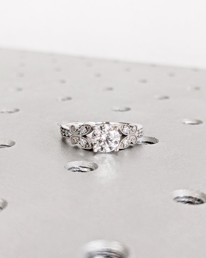 Nature-Inspired Butterfly Promise Ring, Round cut Moissanite, Art Deco Milgrain Butterfly Shape Ring, Solid 14K White Gold