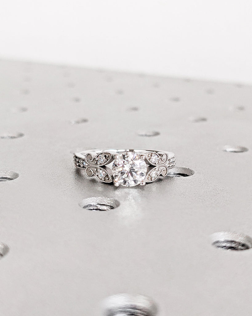 Vintage Round Moissanite Butterfly Engagement Ring | Art Deco Milgrain | Butterfly Ring | Nature Ring | Unique Promise Ring | 14K White Gold