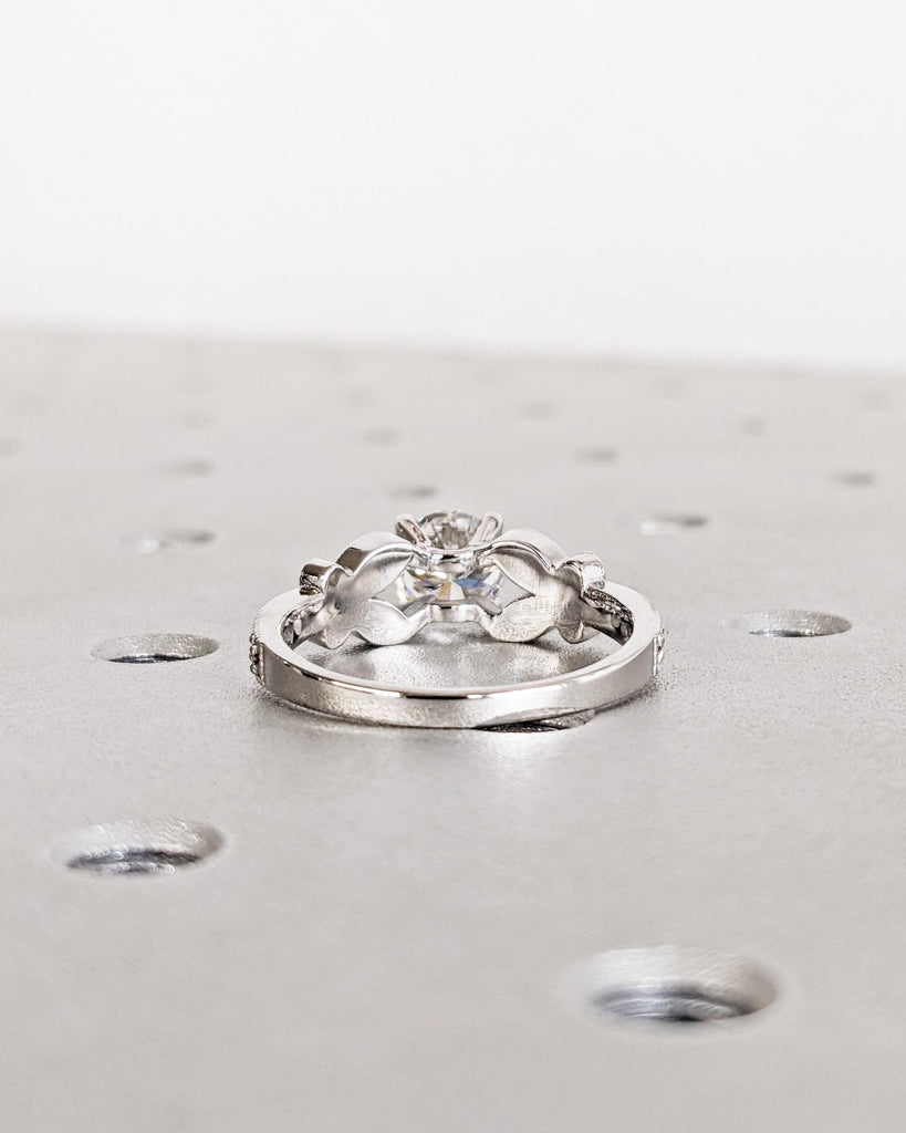 Vintage Round Moissanite Butterfly Engagement Ring | Art Deco Milgrain | Butterfly Ring | Nature Ring | Unique Promise Ring | 14K White Gold