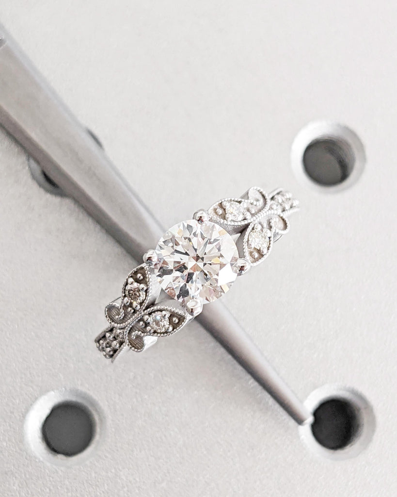 Vintage Round Moissanite Butterfly Engagement Ring | Art Deco Milgrain Wedding Ring | Butterfly Ring | Nature Ring | Unique Promise Ring | 14K White Gold Ring