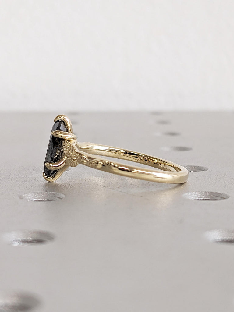 Vintage Salt and Pepper Diamond Ring, Nature Inspired Engagement Ring, 14k Solid Gold Statement Ring, Floral Ring, Marquise Ring, Leaf Ring