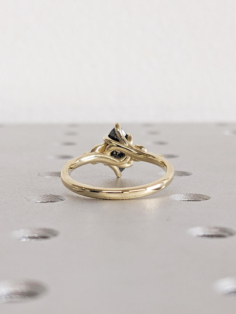 Vintage Salt and Pepper Diamond Ring, Nature Inspired Engagement Ring, 14k Solid Gold Statement Ring, Floral Ring, Marquise Ring, Leaf Ring