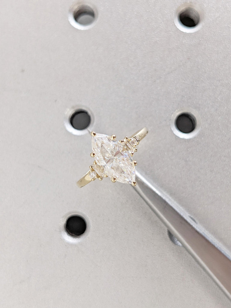 Lab Grown Diamond Engagement Ring | 14K Yellow Gold Marquise Cut Diamond Ring | Baguette Ring | Unique Bridal Ring | Solid Gold Wedding Ring
