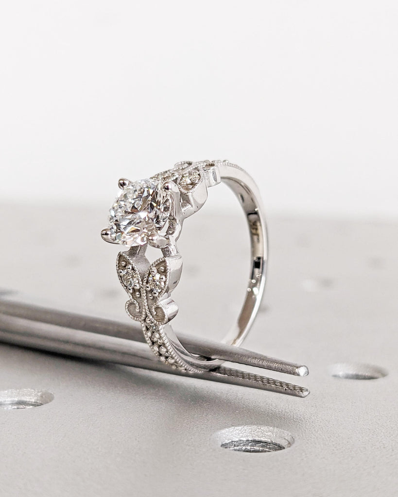 1ct Round cut Lab Grown Diamond Butterfly Ring, 14K White Gold Butterfly Engagement Ring, Art Deco Milgrain Vintage Wedding Ring, Nature Inspired Promise Ring for Her