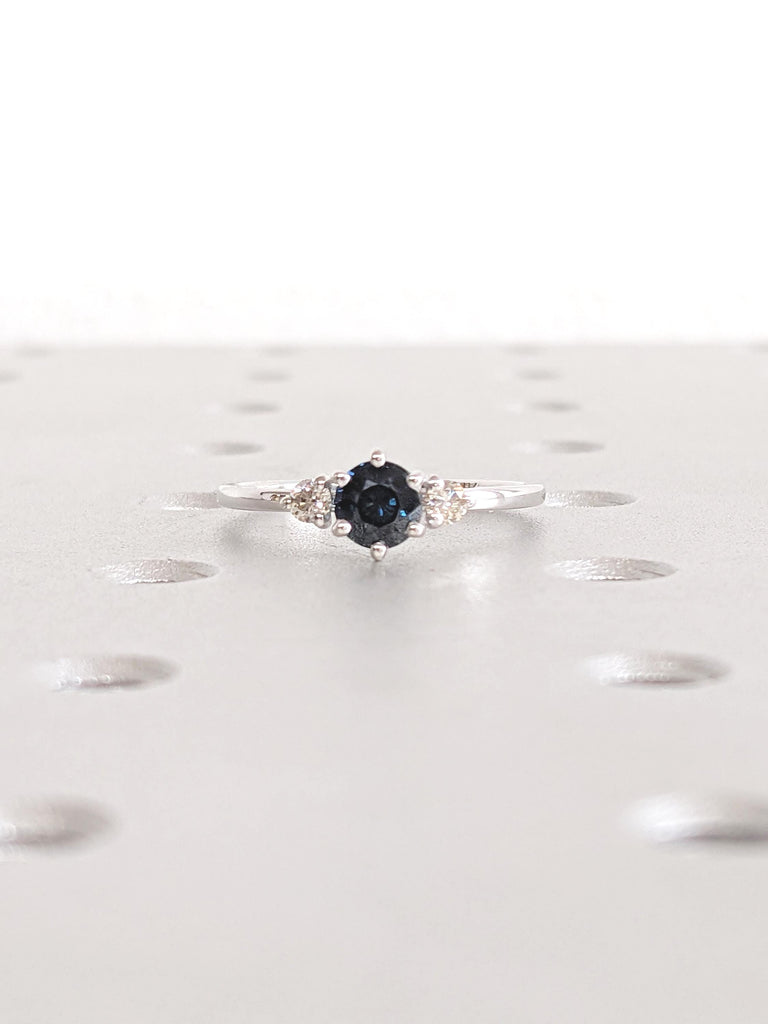 Three Stone 14k White Gold Ring, Diamond and Sapphire Ring