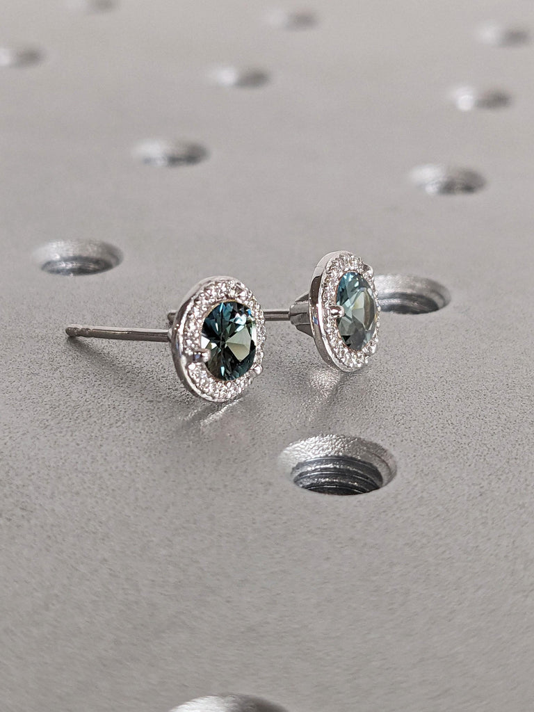 0.5ct Blue Green Sapphire Earrings | Solid Gold Round Halo Stud Woman Earrings | Gemstone Jewelry