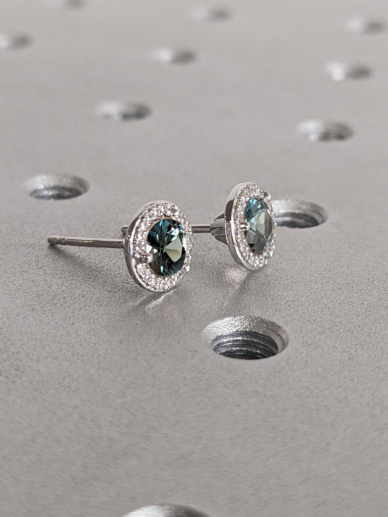 Teal Sapphire and Diamond Halo Earrings | Round Sapphire Earring | 14k White Gold Women Stud Earrings | Everyday Earring | Anniversary Gift