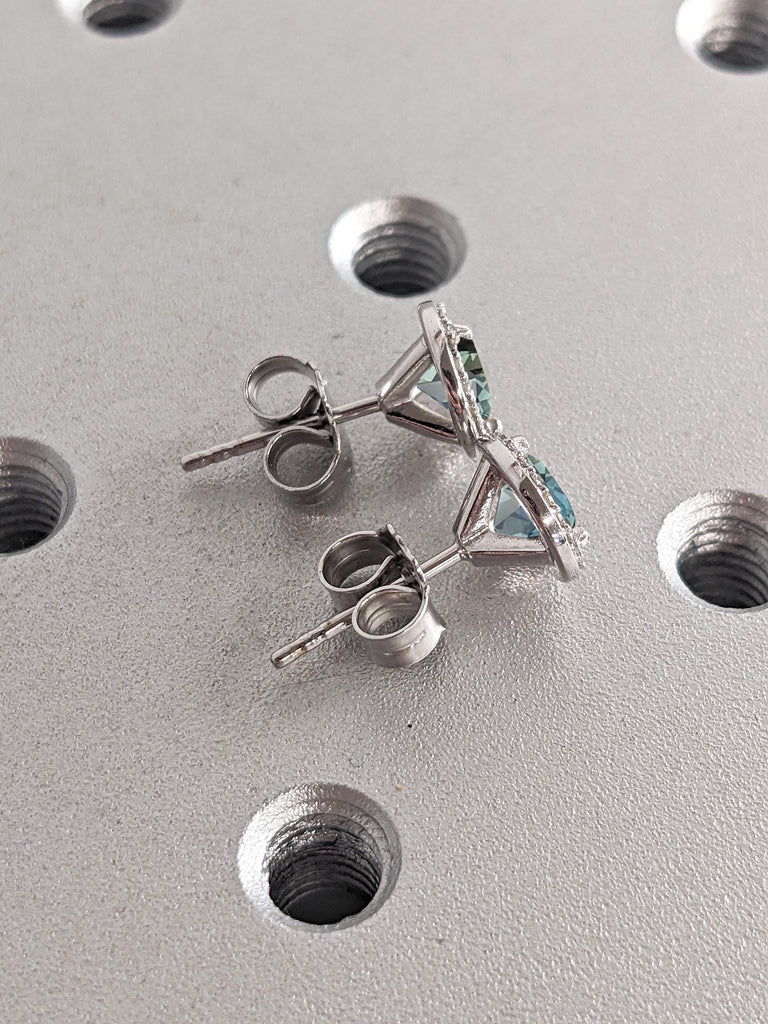 Teal Sapphire and Diamond Halo Earrings | Round Sapphire Earring | 14k White Gold Women Stud Earrings | Everyday Earring | Anniversary Gift