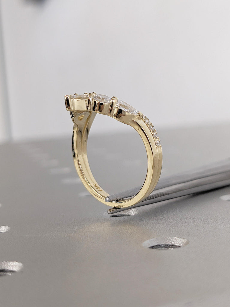 Diamond Wedding Band, 14k Solid Gold Ring, V Shaped Stacking Ring, Chevron Cluster Ring