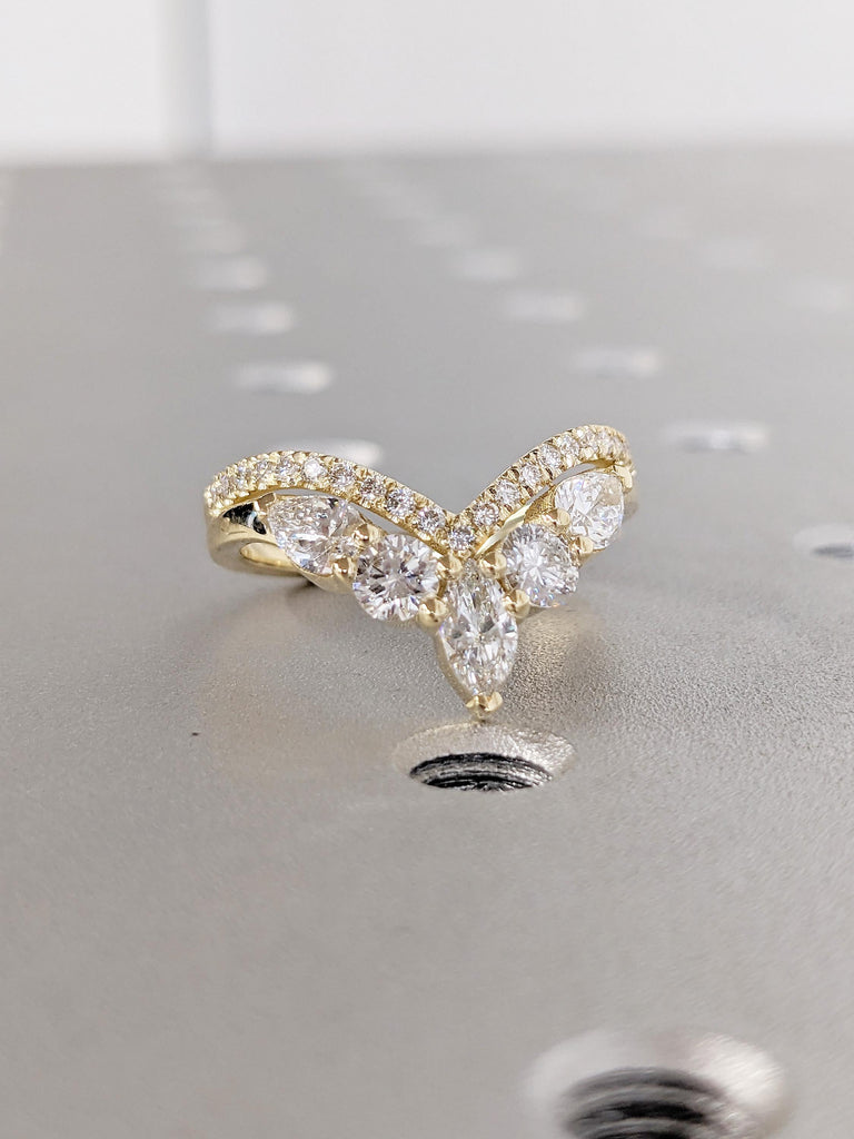 Diamond Wedding Band, 14k Solid Gold Ring, V Shaped Stacking Ring, Chevron Cluster Ring