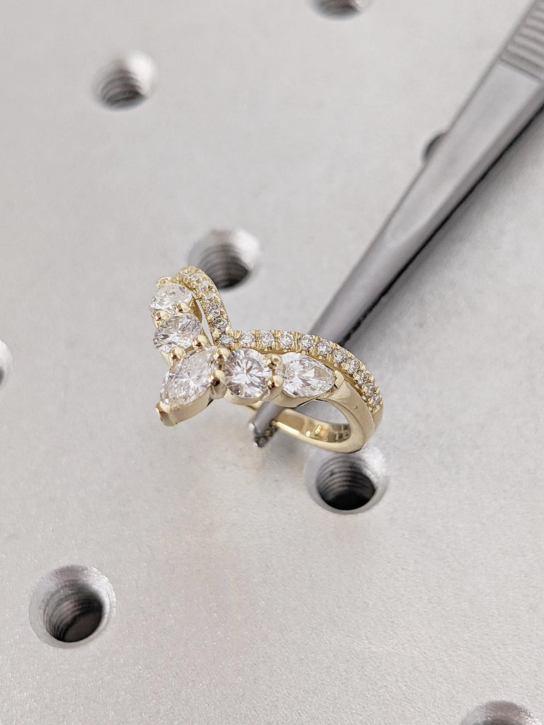 Diamond Wedding Band, 14k Solid Gold Ring, V Shaped Stacking Ring, Chevron Cluster Ring