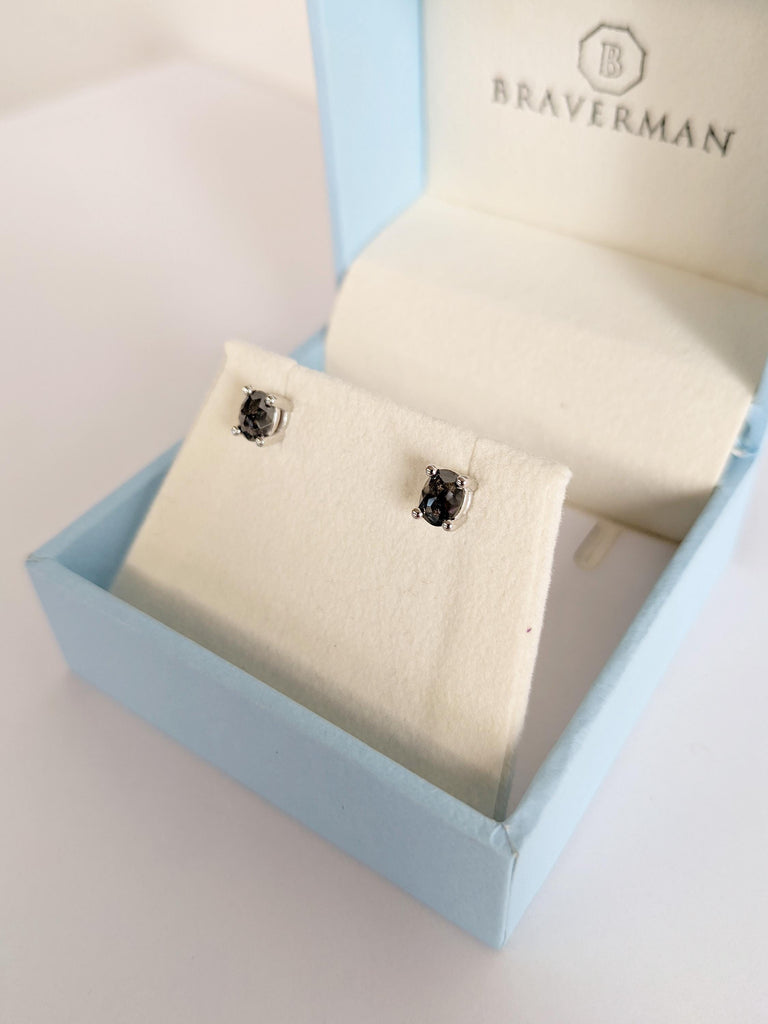 Salt and Pepper Diamond Earrings | 14K White Gold Earrings | Earring Studs Pair | Oval Earrings | Minimalist Earrings | Everyday Earrings