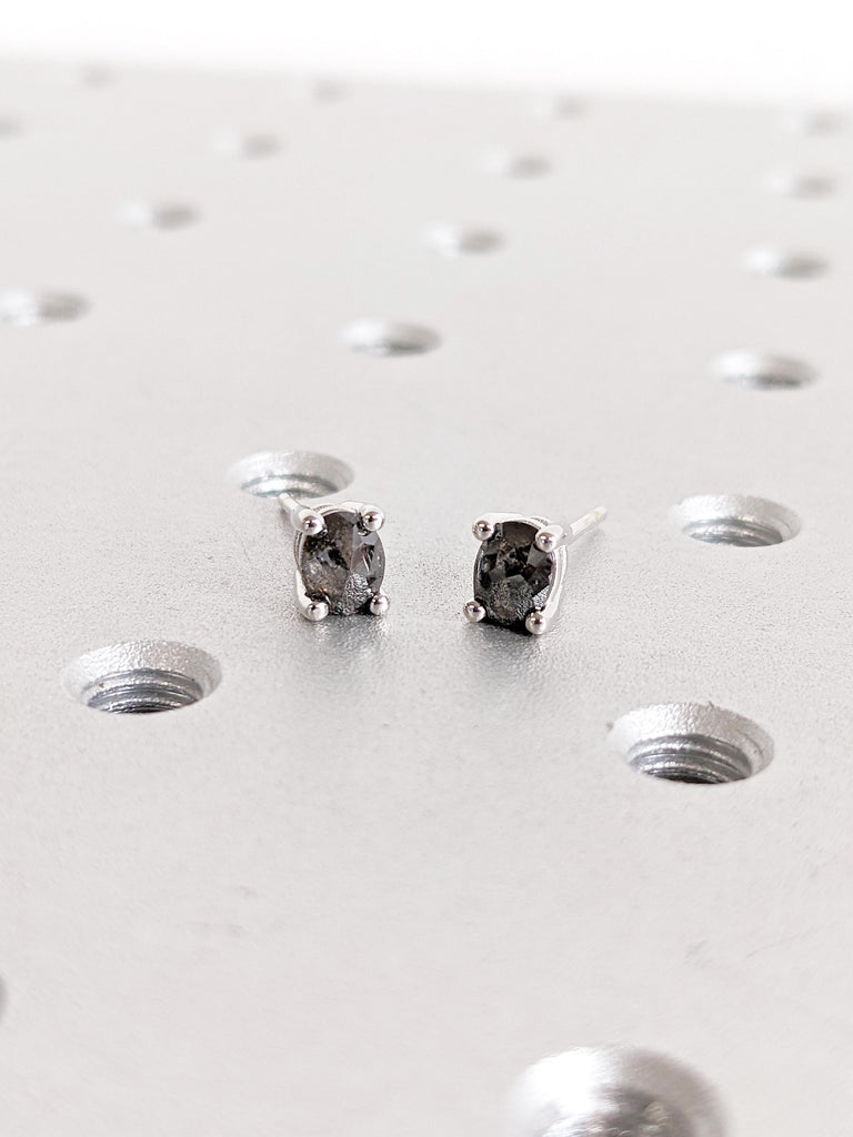 Salt and Pepper Diamond Earrings | 14K White Gold Earrings | Earring Studs Pair | Oval Earrings | Minimalist Earrings | Everyday Earrings