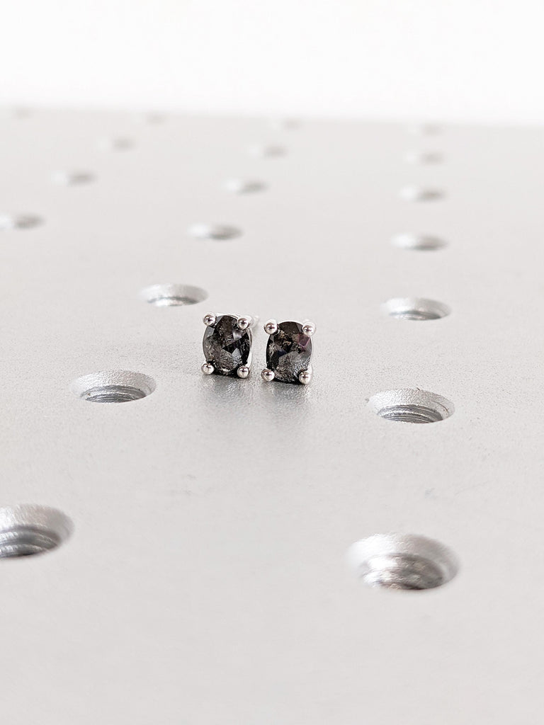 Salt and Pepper Diamond Earrings | 14K White Gold Earrings | Earring Studs Pair | Oval Earrings | Minimalist Earrings | Everyday Earrings
