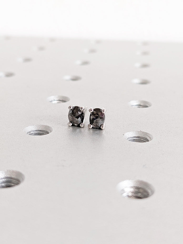 Salt and Pepper Diamond Earrings: Oval Cut Studs with Prong Setting
