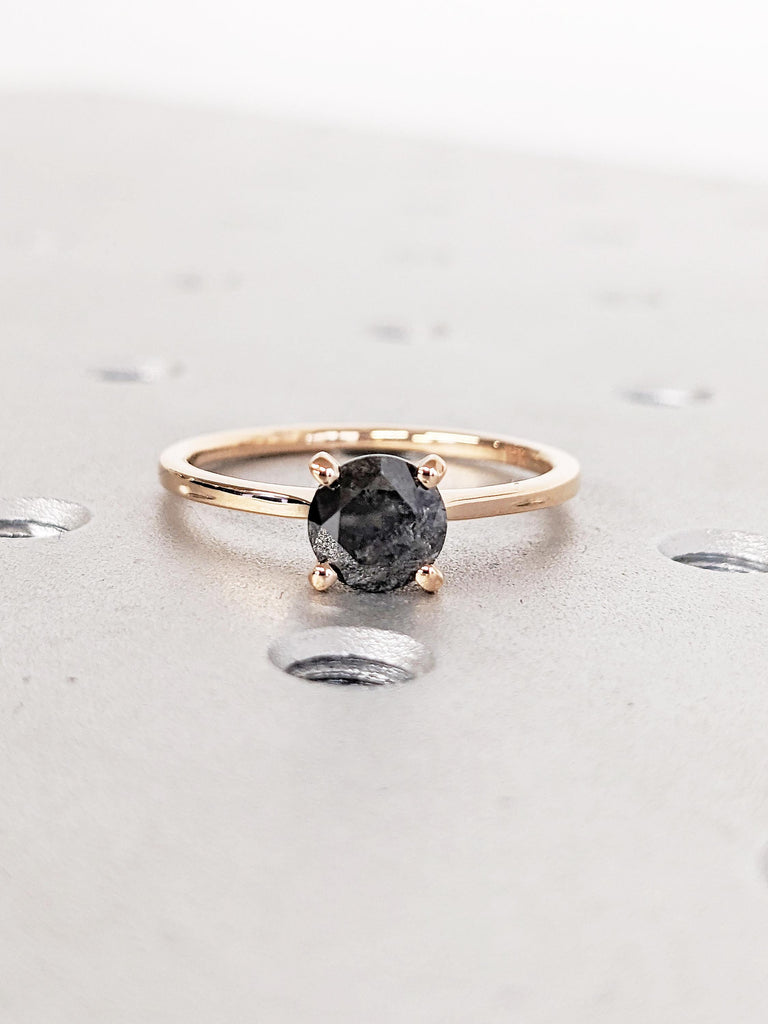 Round Cut Salt and Pepper Diamond Engagement Ring, Dainty 18k Rose Gold