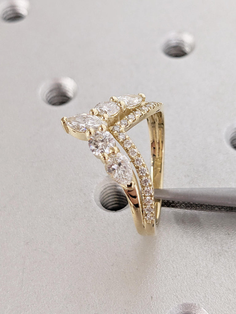 Marquise, Round, Pear Cut Diamond Cluster Ring, Chevron Wedding Band
