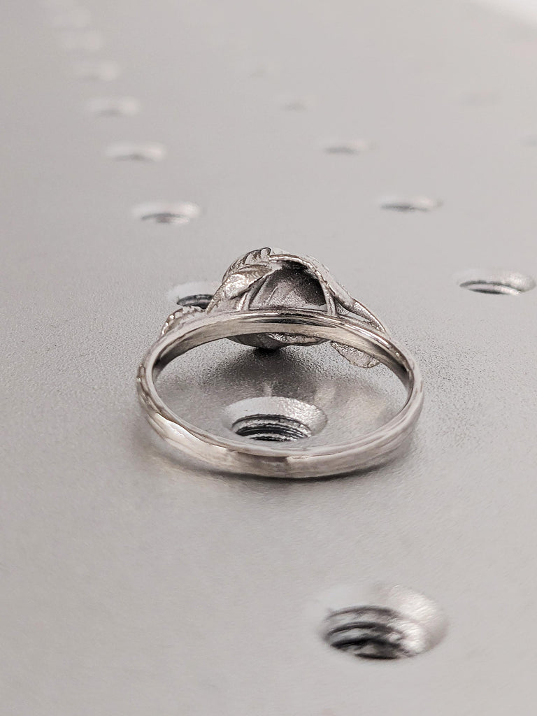 Round Cut Moissanite Engagement Ring, Platinum Solitaire Moissanite Lotus Leaves Band, Unique Bridal Jewelry, Custom Women's Wedding Ring