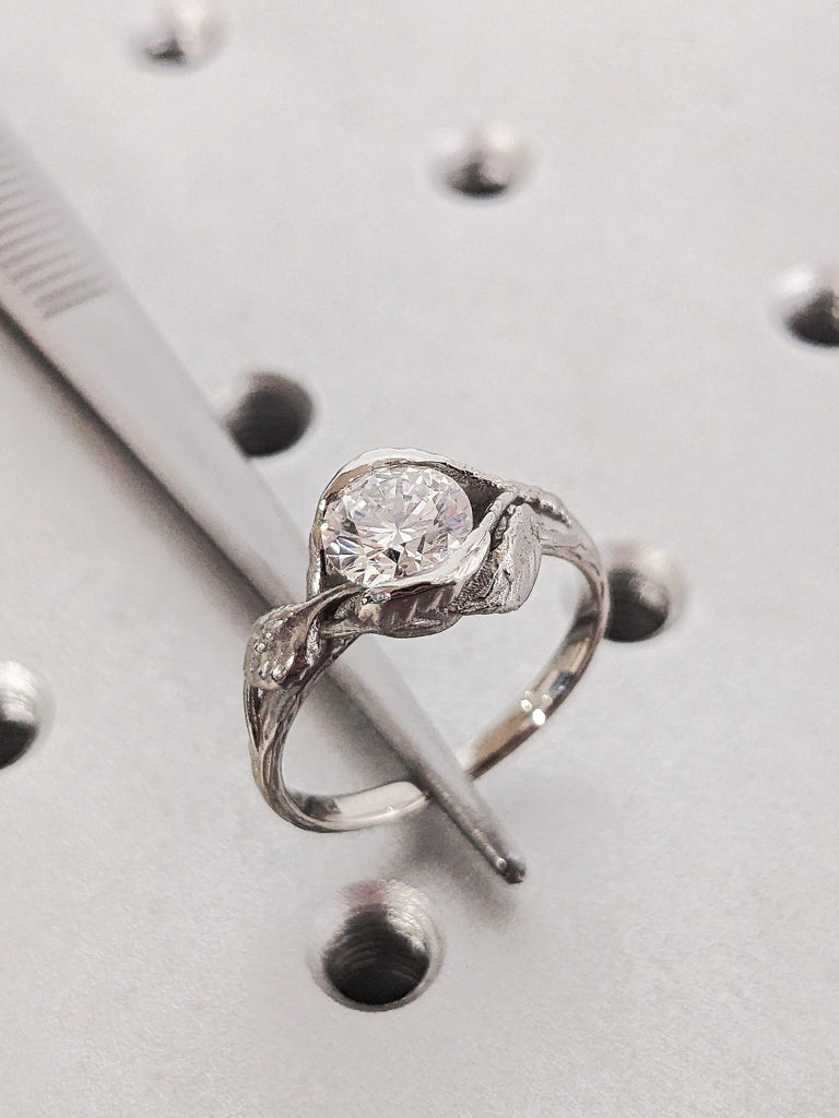 Round Cut Moissanite Engagement Ring, Platinum Solitaire Moissanite Lotus Leaves Band, Unique Bridal Jewelry, Custom Women's Wedding Ring
