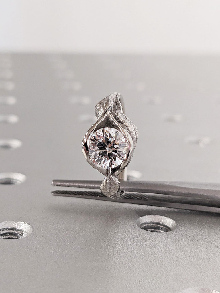 Round Cut Moissanite Engagement Ring, Platinum Solitaire Moissanite Lotus Leaves Band, Unique Bridal Jewelry, Custom Women's Wedding Ring