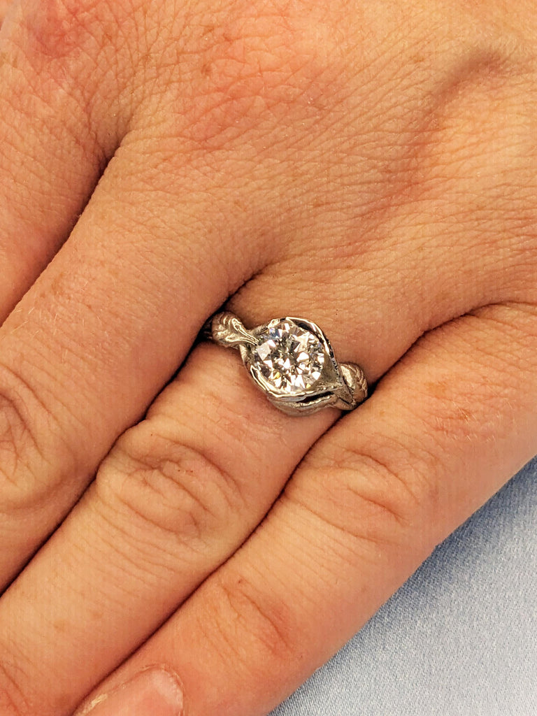 Round Cut Moissanite Engagement Ring, Platinum Solitaire Moissanite Lotus Leaves Band, Unique Bridal Jewelry, Custom Women's Wedding Ring